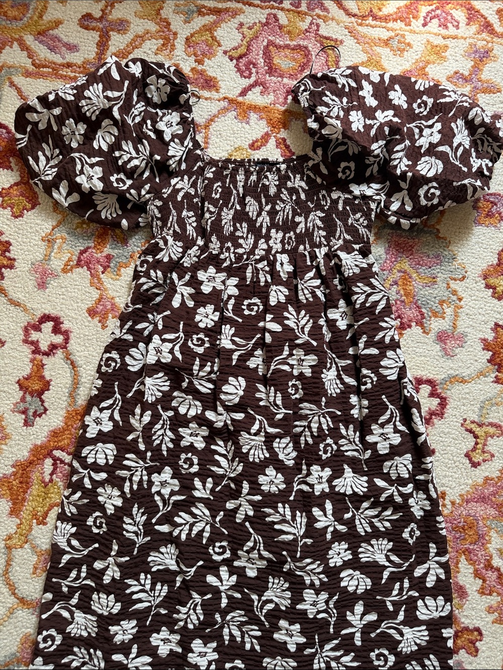 Brown Floral Puff Sleeve Smocked Midi Dress